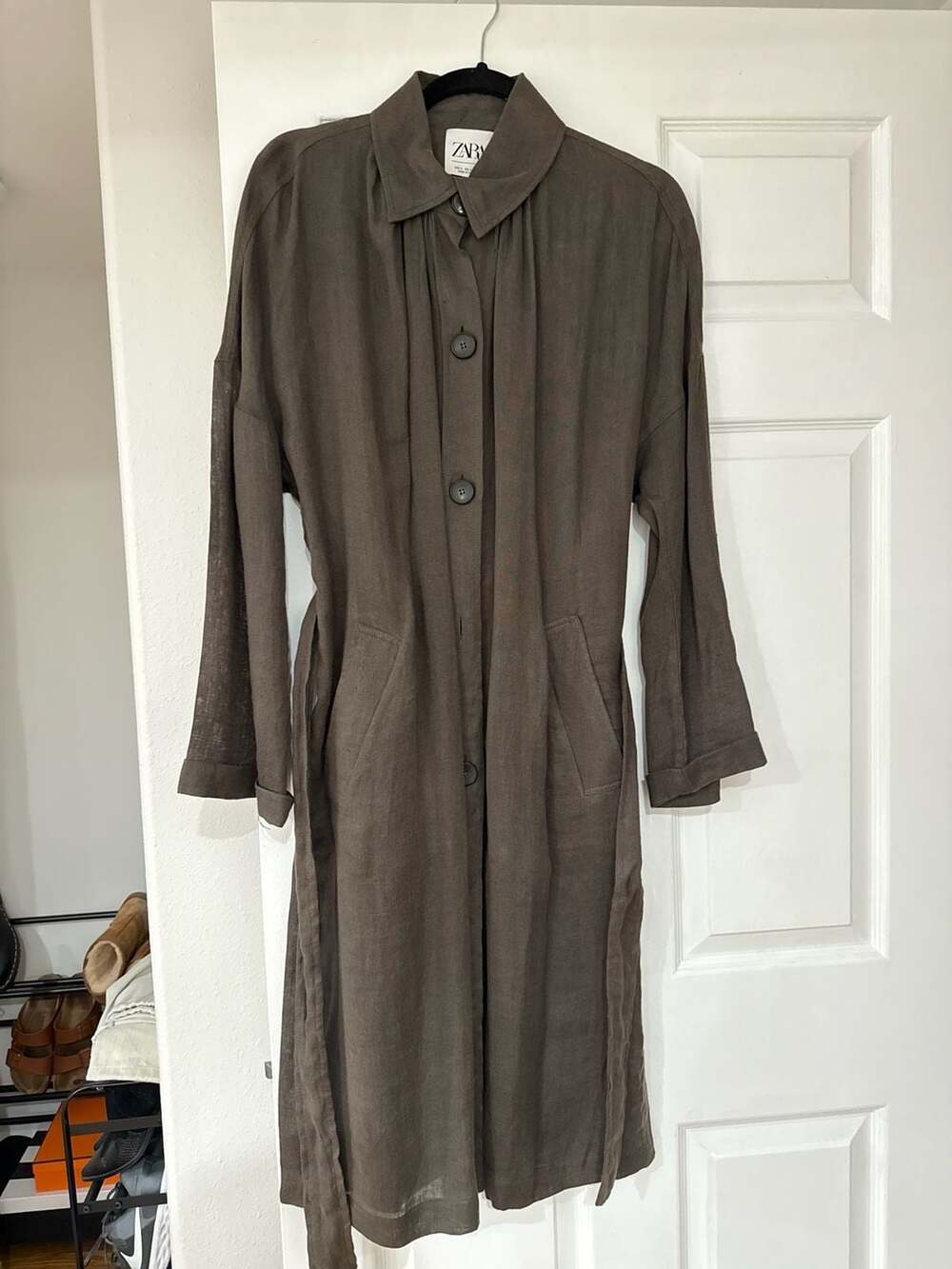 ZARA Olive Green Linen Blend Button-Down Longline Coat Dress